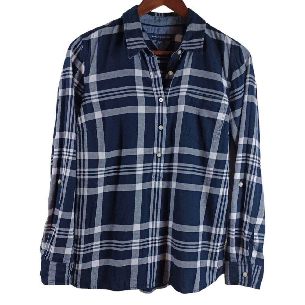 Tommy Hilfiger Womens Blue Plaid 1/4 Button Pullover Roll Tab Sleeve Top M 2023